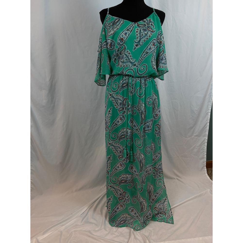 Bisou Bisou Michele Bohbot Green Paisley Cold Shoulder Maxi Dress Size 6